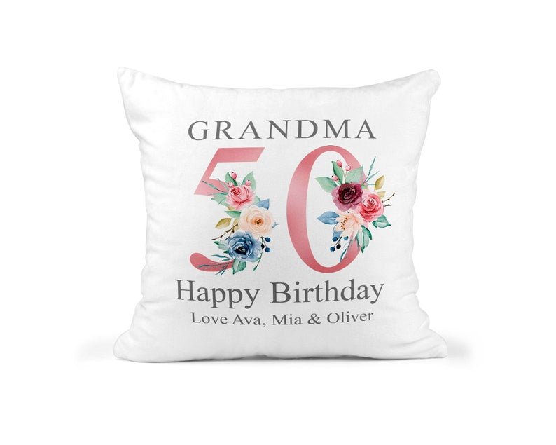 Personalised Nanny 50th Birthday Cushion with Names showing a floral milestone design front view