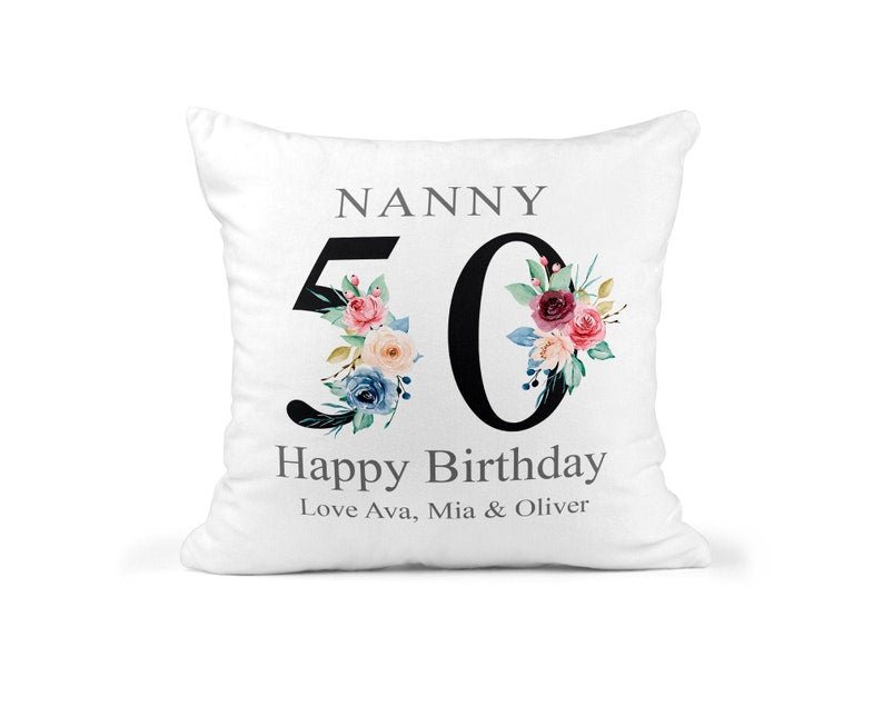 Personalised Nanny 50th Birthday Cushion with Names showing a floral milestone design front view