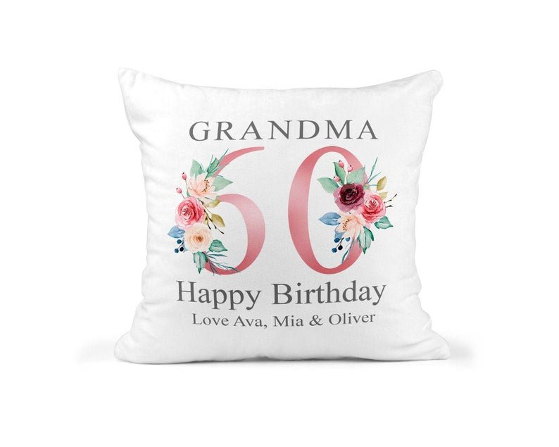 Personalised Nanny 60th Birthday Cushion with Names showing a floral milestone design front view