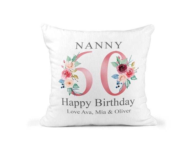 Personalised Nanny 60th Birthday Cushion with Names showing a floral milestone design front view