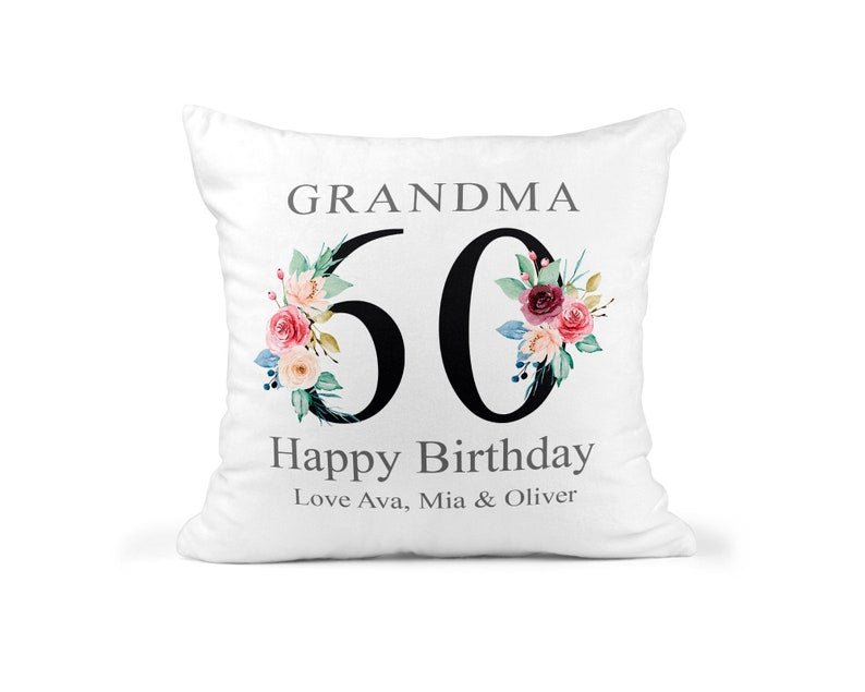 Personalised Nanny 60th Birthday Cushion with Names showing a floral milestone design front view