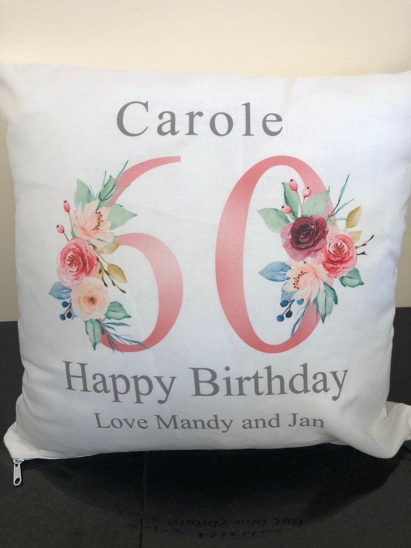 Personalised Nanny 60th Birthday Cushion with Names showing a floral milestone design front view