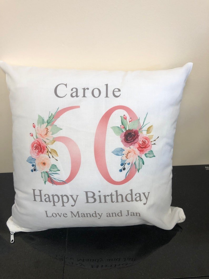 Personalised Nanny 60th Birthday Cushion with Names showing a floral milestone design detail view