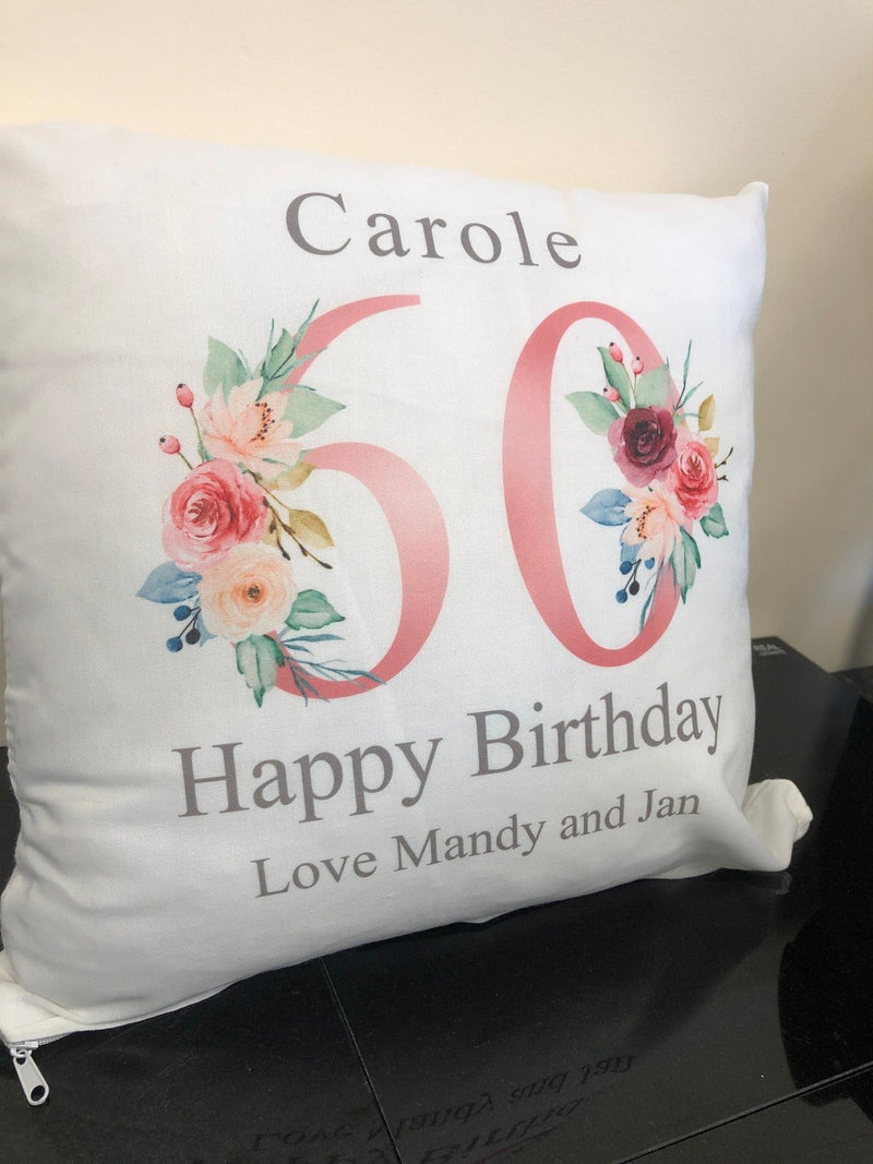 Personalised Nanny 60th Birthday Cushion with Names showing a floral milestone design styled view