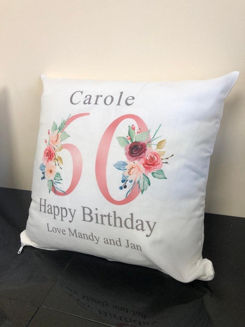 Personalised Nanny 60th Birthday Cushion with Names showing a floral milestone design personalisation view