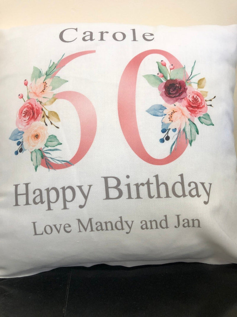 Personalised Nanny 60th Birthday Cushion with Names showing a floral milestone design close-up view