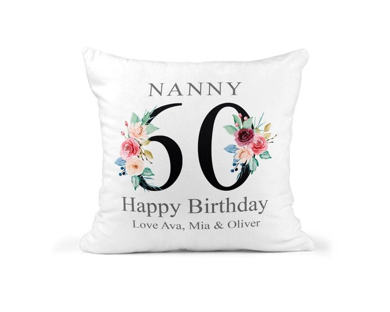 Personalised Nanny 60th Birthday Cushion with Names showing a floral milestone design front view