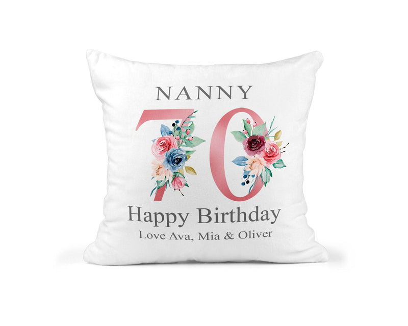 Personalised Mum 70th Birthday Cushion with Names showing the visible cushion artwork front view