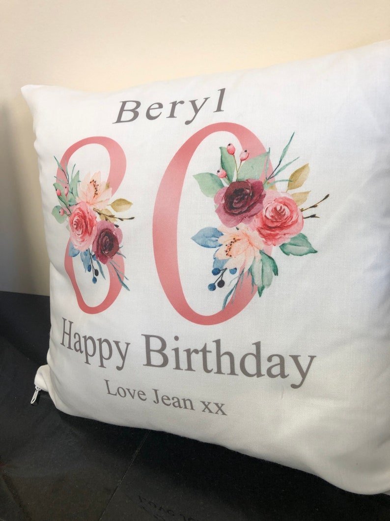 Personalised Grandma 80th Birthday Cushion with Names showing a floral milestone design alternate view