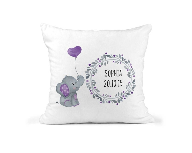 Personalised Elephant Cushion with Name showing gentle elephant artwork front view