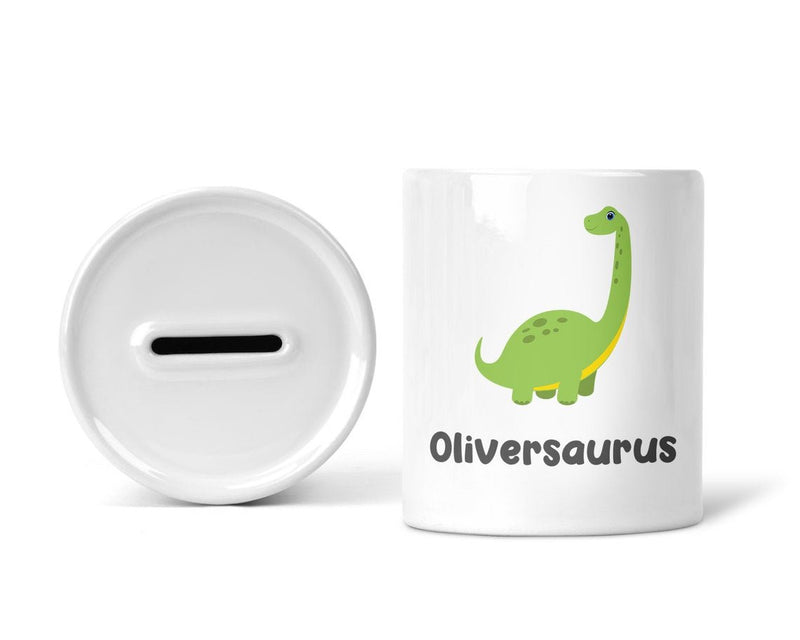 Personalised Dinosaur Money Box with Name shown as a ceramic keepsake