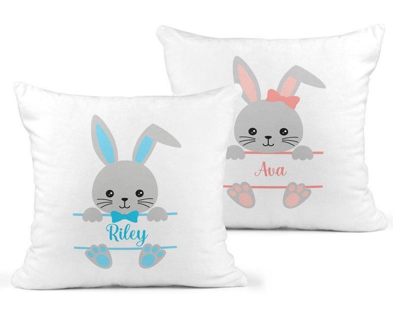 Personalised Easter Bunny Cushion with Name showing a soft rabbit design front view