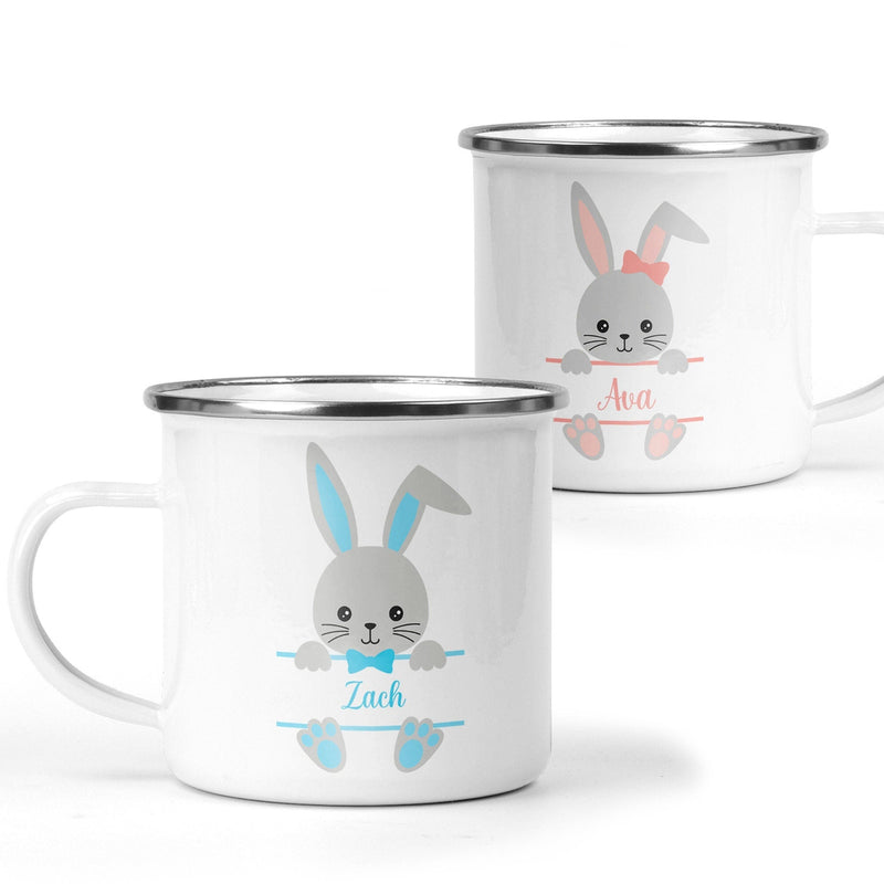 Personalised Blue Easter Bunny Enamel Mug shown with printed design