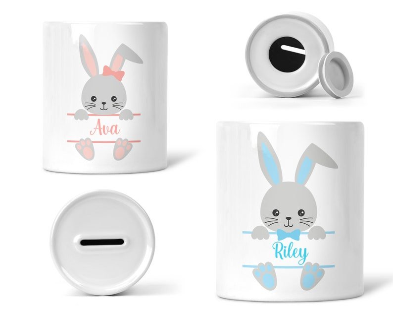 Personalised Easter Bunny Money Box with Name shown as a ceramic keepsake