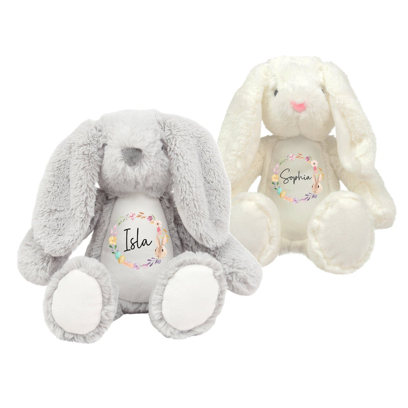 Personalised Easter Bunny Rabbit Soft Toy with Name showing Easter wreath