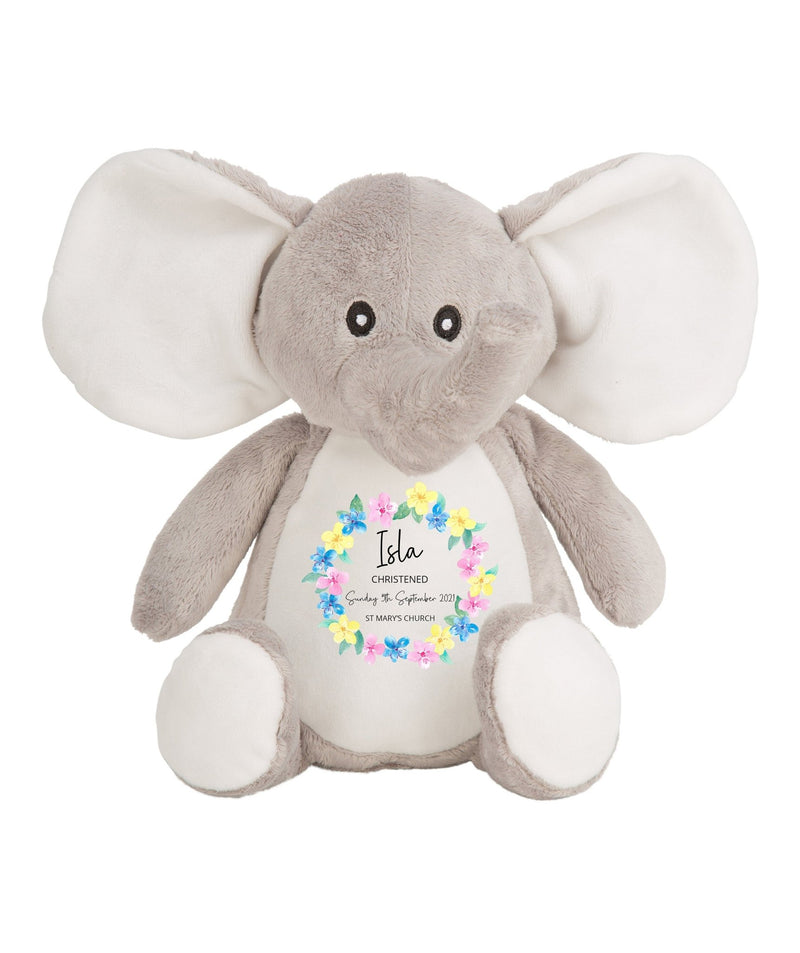 Personalised Blue Elephant Floral Christening Soft Toy showing floral Christening