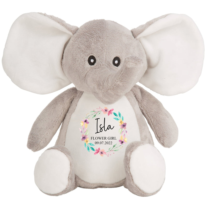 Personalised Elephant Soft Toy for Flower Girl with Name showing Flower Girl