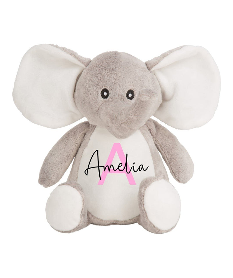 Personalised Elephant Christening Soft Toy with Name and Initial showing initial