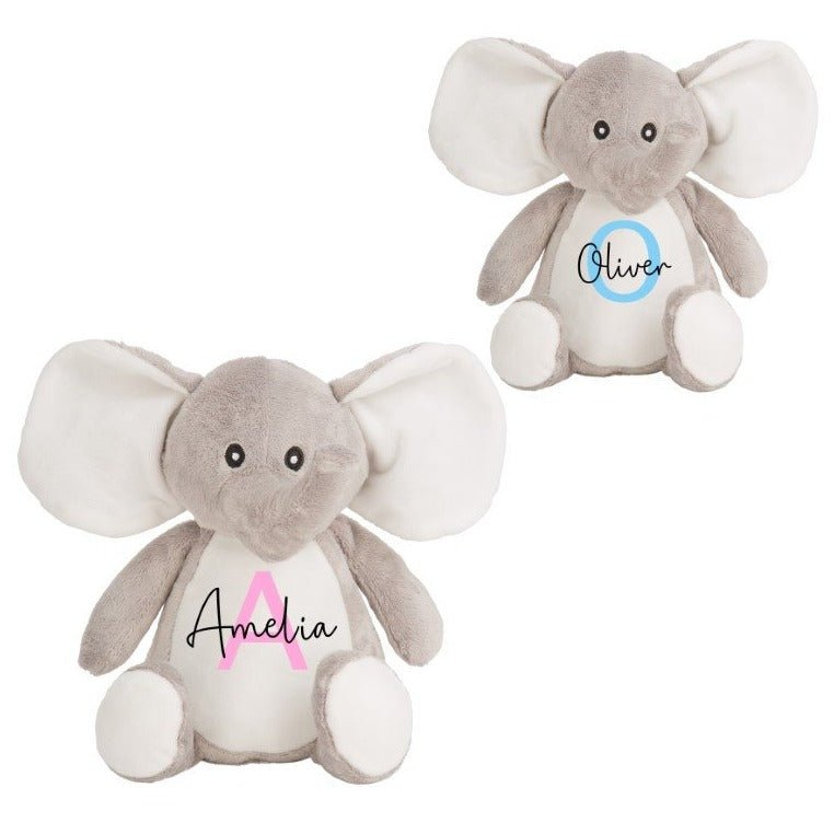 Personalised Elephant Christening Soft Toy with Name and Initial showing initial
