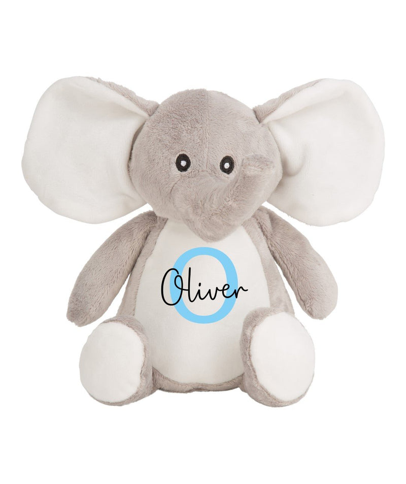 Personalised Elephant Christening Soft Toy with Name and Initial showing initial