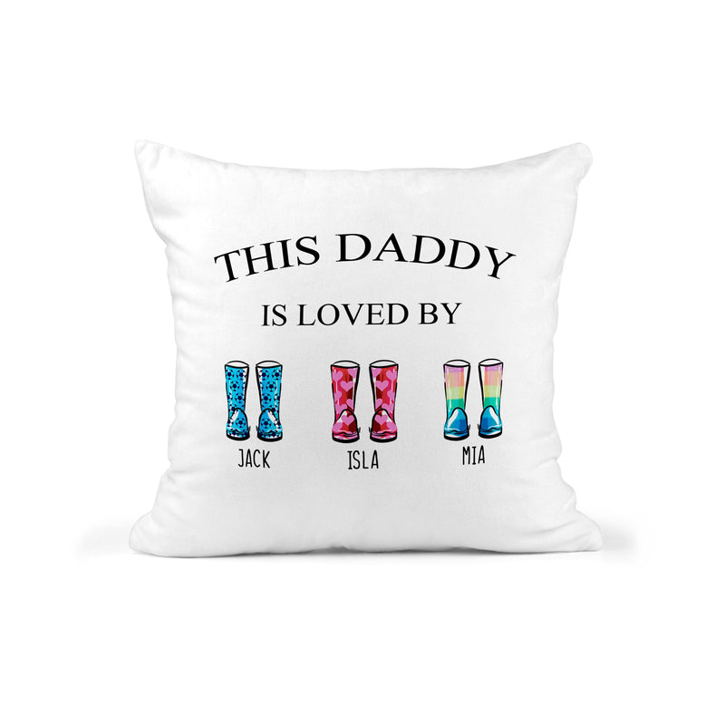 Personalised Dad Is Loved by Boot Cushion showing the visible cushion artwork detail view