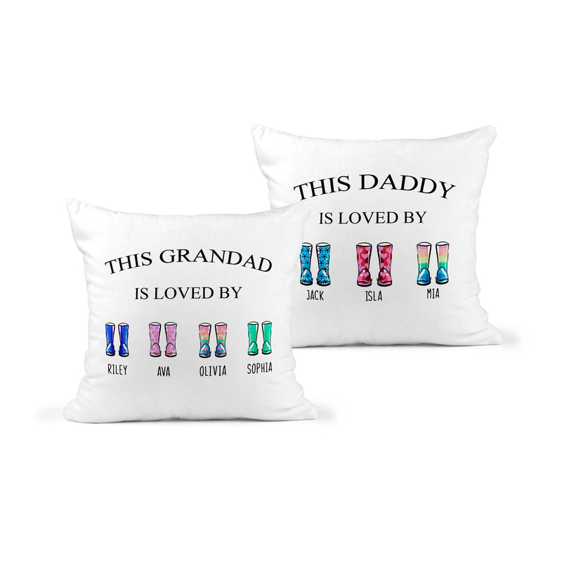 Personalised Dad Is Loved by Boot Cushion showing the visible cushion artwork front view