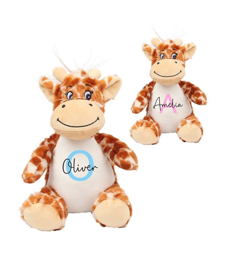 Personalised Giraffe Christening Soft Toy with Name and Initial showing initial