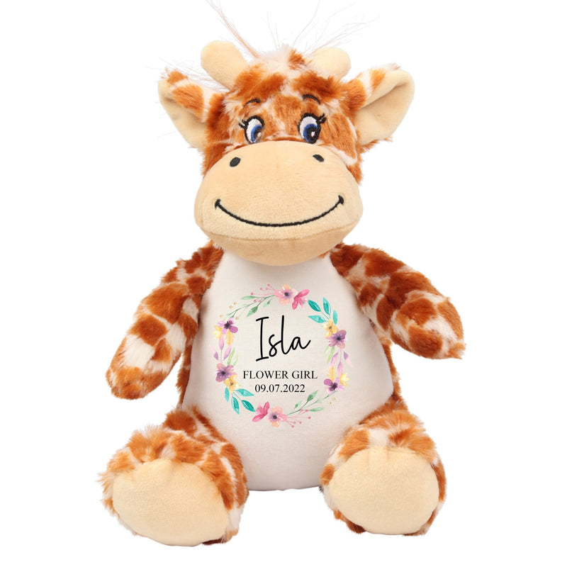 Personalised Giraffe Soft Toy for Flower Girl with Name showing Flower Girl