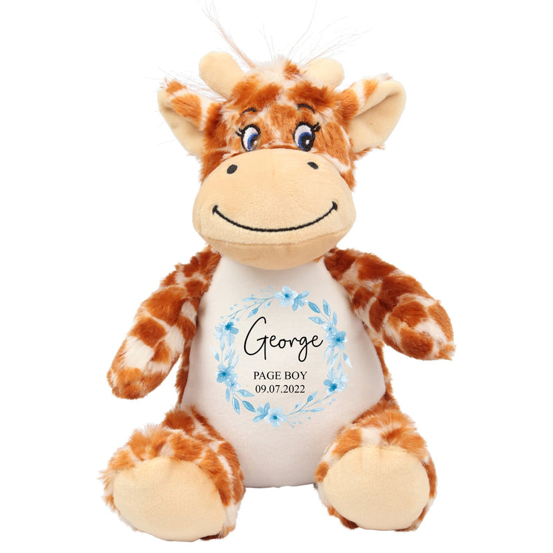 Personalised Giraffe Soft Toy for Page Boy with Name and Date showing Page Boy