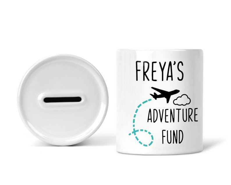 Personalised Adventure Fund Money Box shown as a ceramic keepsake