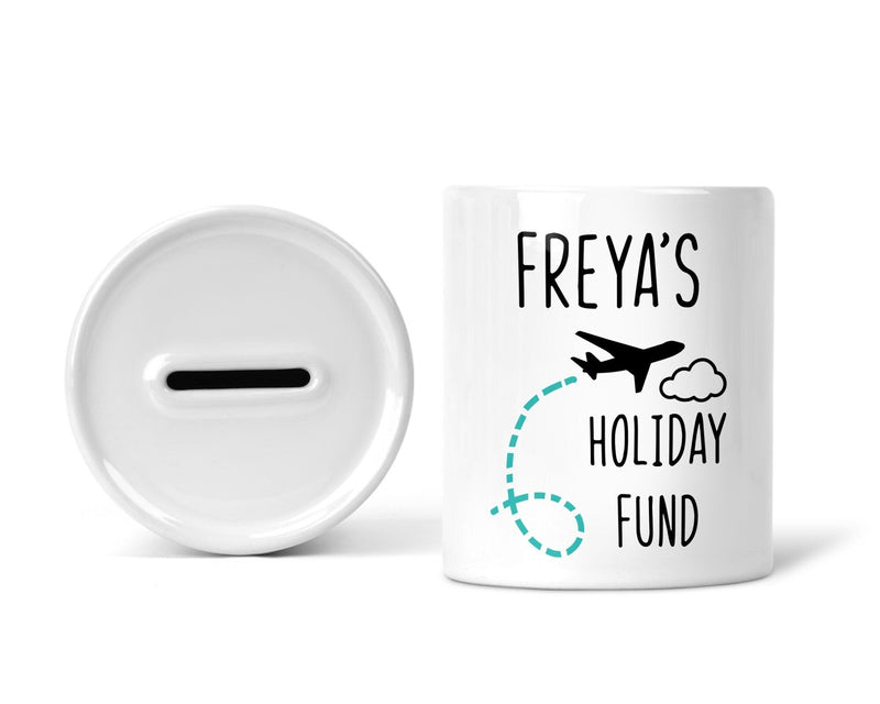 Personalised Holiday Fund Money Box shown as a ceramic keepsake