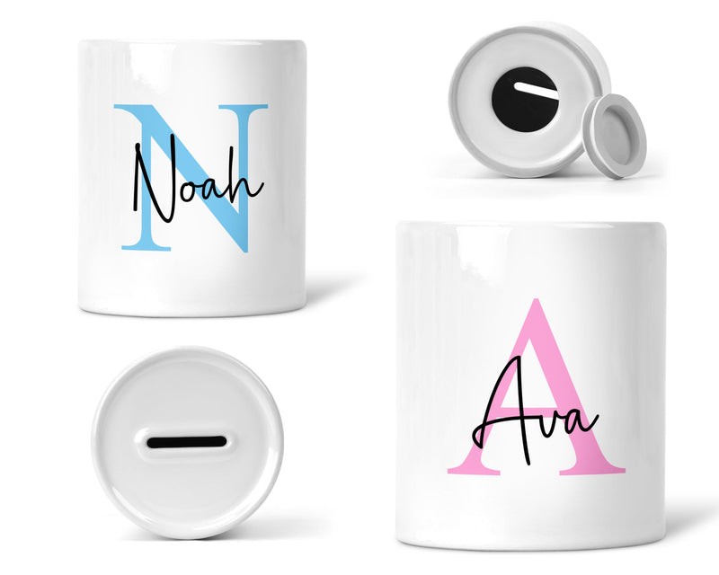 Personalised Initial Money Box with Name shown as a ceramic keepsake