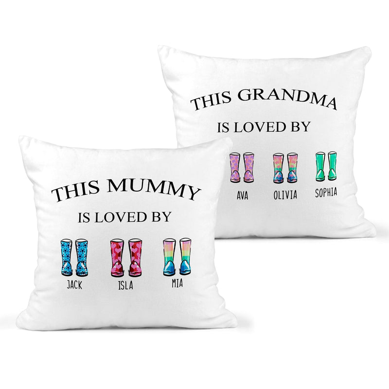 Personalised Nanny Is Loved by Boot Cushion showing the visible cushion artwork front view