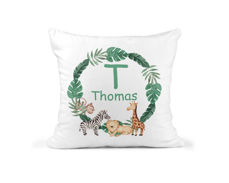 Personalised Jungle Cushion with Name and Initial showing friendly jungle animal artwork front view