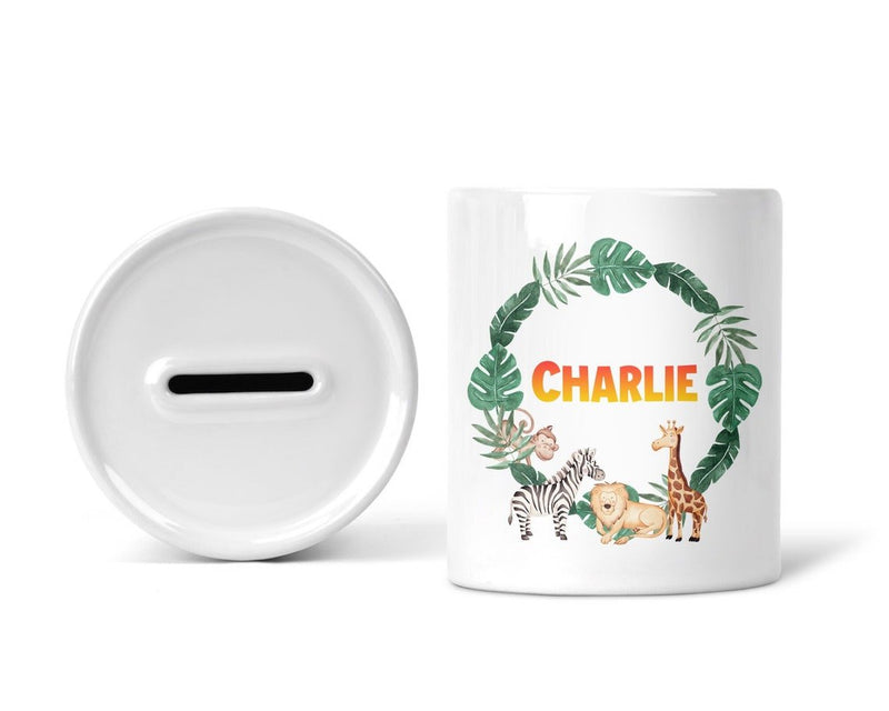 Personalised Jungle Money Box with Name shown as a ceramic keepsake