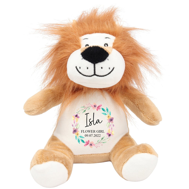 Personalised Lion Soft Toy for Flower Girl with Name showing Flower Girl