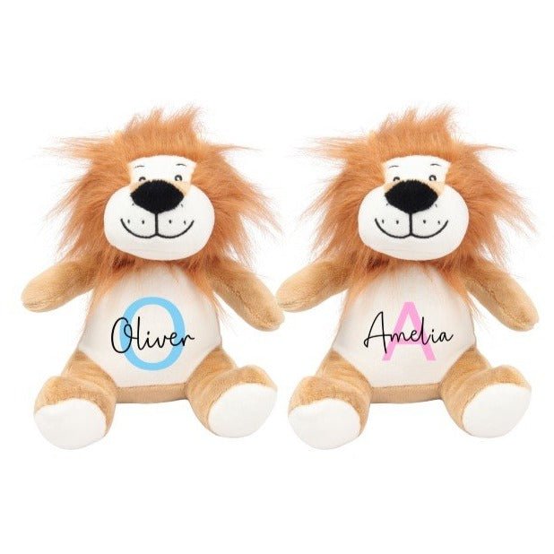 Personalised Lion Christening Soft Toy with Name and Initial showing initial