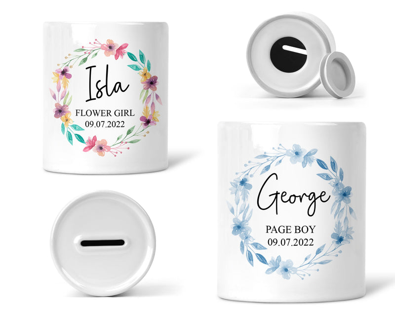 Personalised Flower Girl Money Box shown as a ceramic keepsake