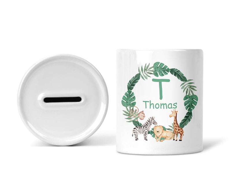 Personalised Jungle Initial Money Box shown as a ceramic keepsake