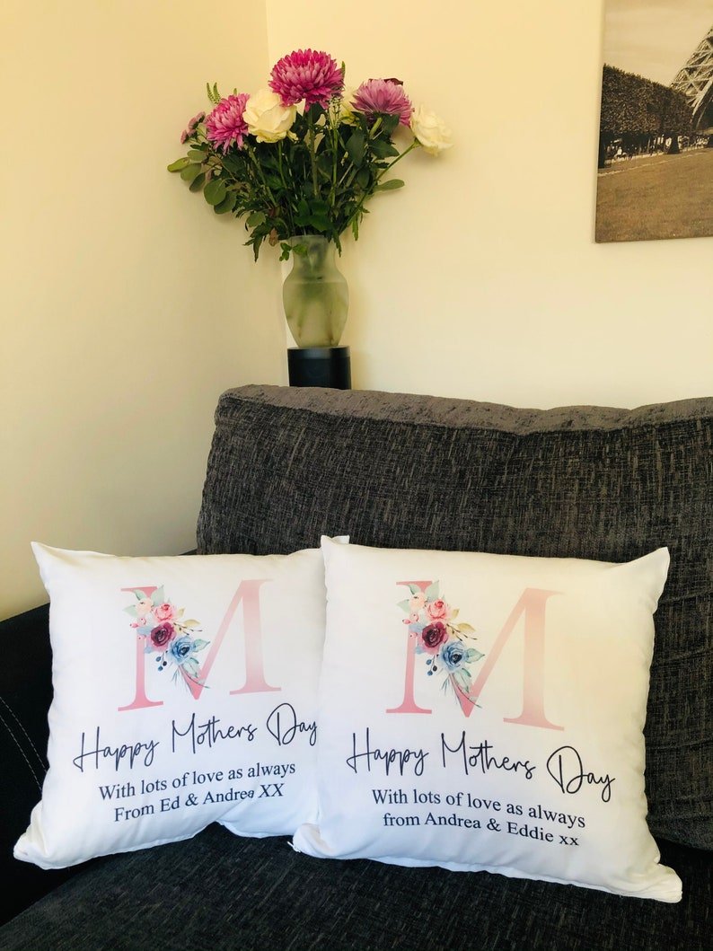 Personalised Mum Floral Cushion with Names showing a floral milestone design styled view