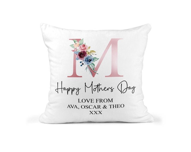 Personalised Mum Floral Cushion with Names showing a floral milestone design front view