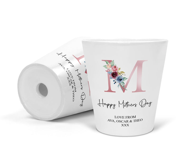 White personalised Mother's Day flower pot with printed names