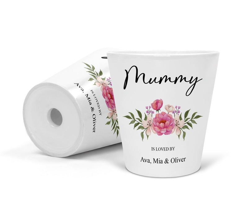 White personalised Mother's Day flower pot for Mummy with printed names