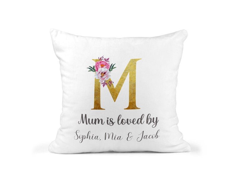 Personalised Mum Is Loved by Cushion showing the visible cushion artwork front view