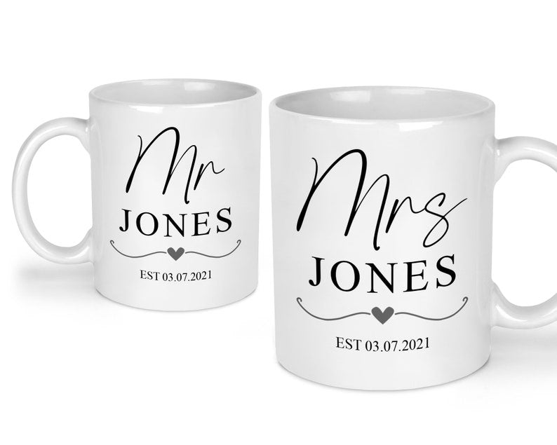 Personalised Mr and Mrs Heart Mugs shown with printed design