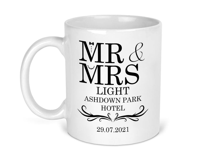 Personalised Mr and Mrs Wedding Venue Mugs shown with printed design
