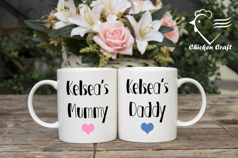 Personalised Mummy and Daddy Mug Set shown with printed design