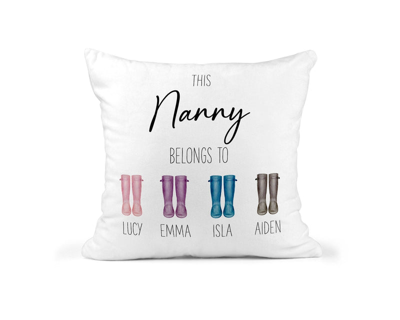 Personalised Nanny Belongs to Cushion with Name showing the visible cushion artwork front view