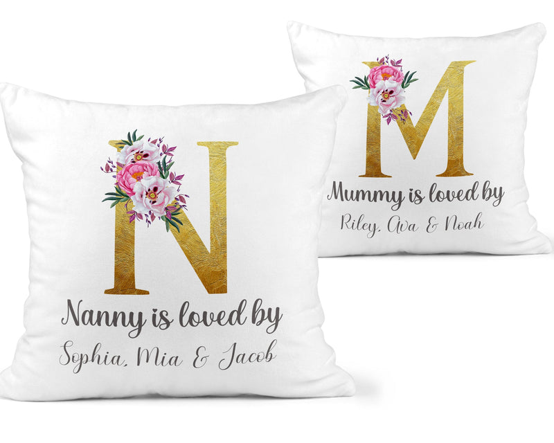 Personalised Gold Floral Nanny Cushion with Names showing a floral milestone design front view