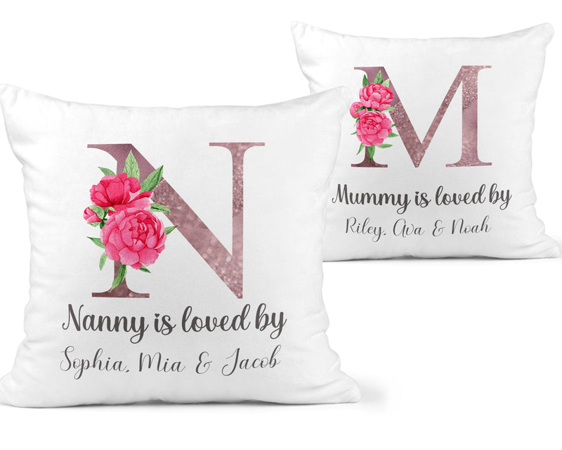 Personalised Rose Gold Floral Nanny Cushion with Names showing a floral milestone design front view